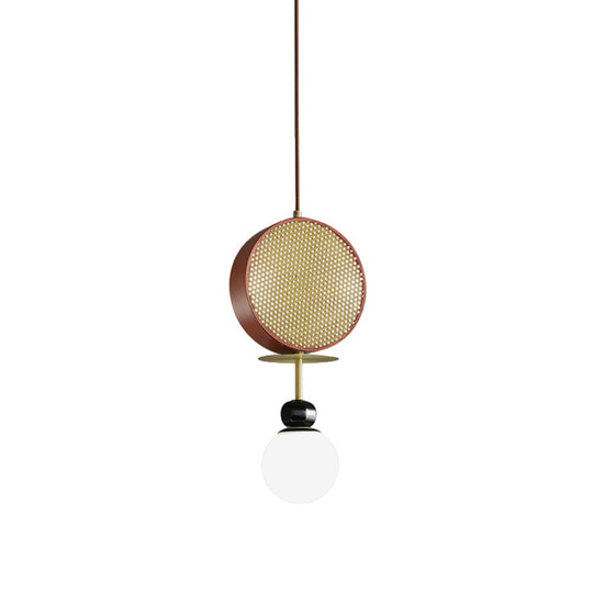 Vintage Iron Pendant Chandelier With Red Gong Design - 3 Heads Pierced Screen Bottom Ball Glass