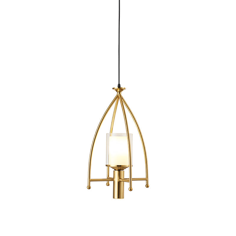 Mid Century Matte Glass Dual Shade Cylinder Pendant With Gold Cage Guard - 1-Light Hanging Light