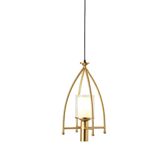 Mid Century Matte Glass Dual Shade Cylinder Pendant With Gold Cage Guard - 1-Light Hanging Light