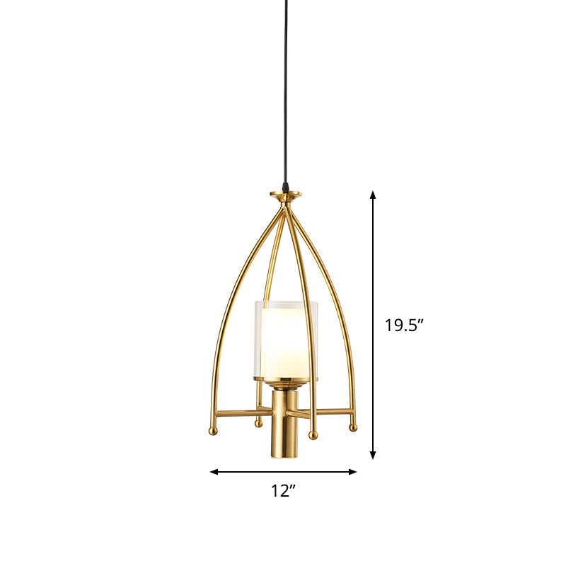 Mid Century Matte Glass Dual Shade Cylinder Pendant With Gold Cage Guard - 1-Light Hanging Light