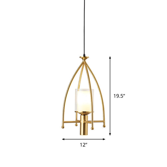 Mid Century Matte Glass Dual Shade Cylinder Pendant With Gold Cage Guard - 1-Light Hanging Light