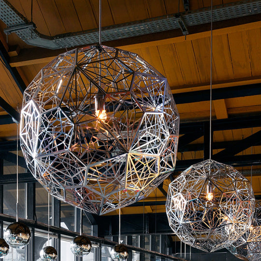 Modern Stainless Steel Rose Gold/Chrome Pendant Lighting: Stylish Hollowed Wire Sphere Design Chrome