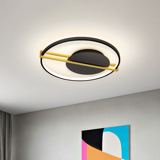 Minimalist Led Flush Mount Ceiling Light In Acrylic Black/White With Gold Hoop Guard
