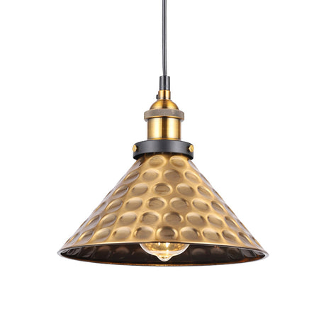 Retro Antique Gold Pendant Light Fixture - 1-Light Iron Lid Hammered Cone Design Ideal For Dining