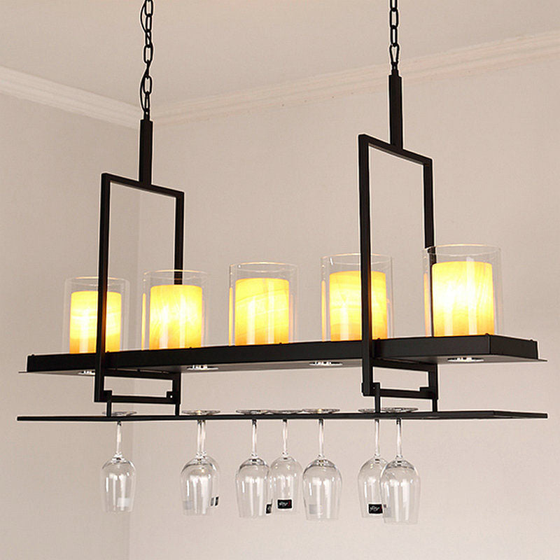 Traditional Black Marble Pendant Light With Metal Wine Glass Rack - 3/5 Heads Cylinder Island