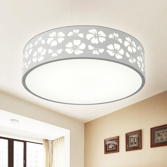 Modernist White Led Flush - Mount Iron Carved Drum Ceiling Light With Recessed Diffuser