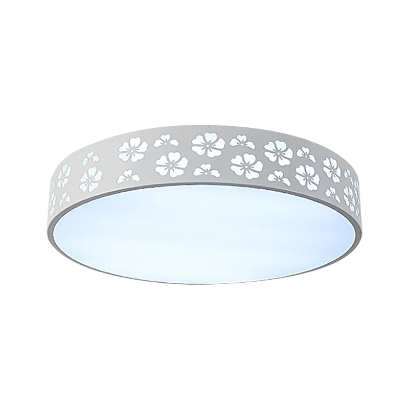 Modernist White Led Flush - Mount Iron Carved Drum Ceiling Light With Recessed Diffuser