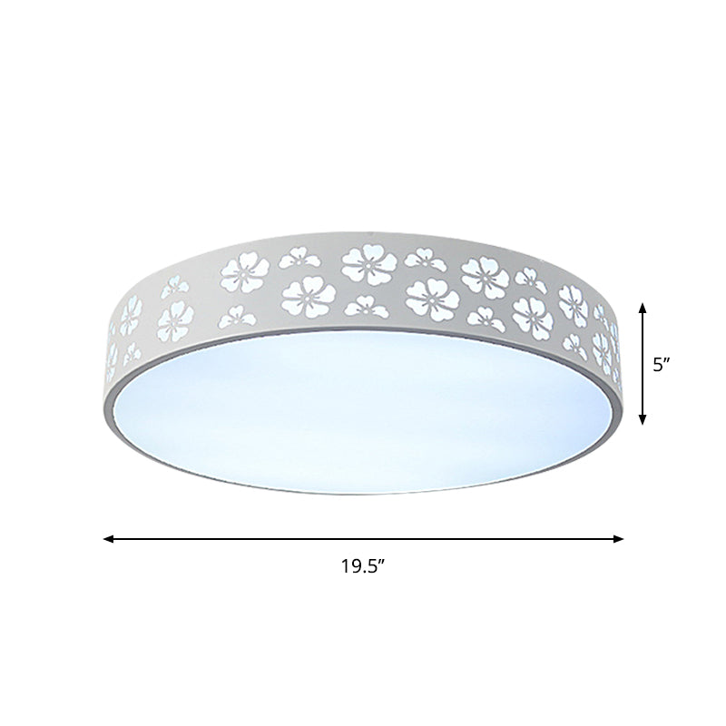 Modernist White Led Flush - Mount Iron Carved Drum Ceiling Light With Recessed Diffuser