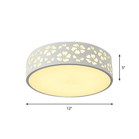 Modernist White Led Flush - Mount Iron Carved Drum Ceiling Light With Recessed Diffuser