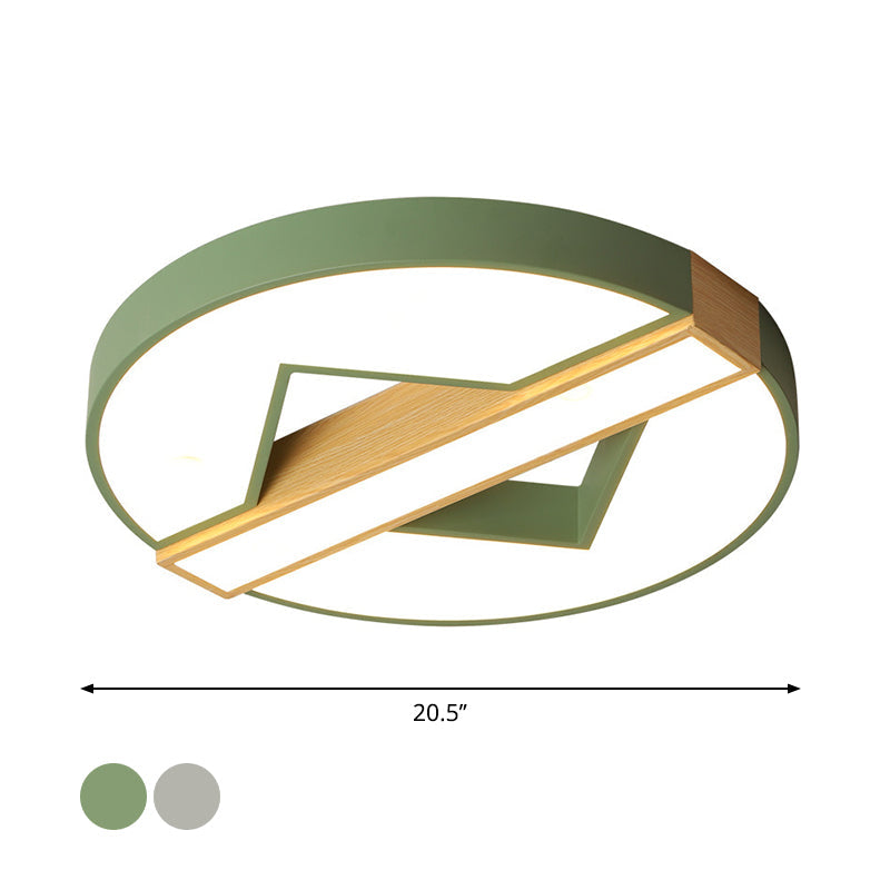 Led Macaron Green/Grey - Wood Bedroom Ceiling Light - 16.5’/20.5’ Flushmount With Round Acrylic