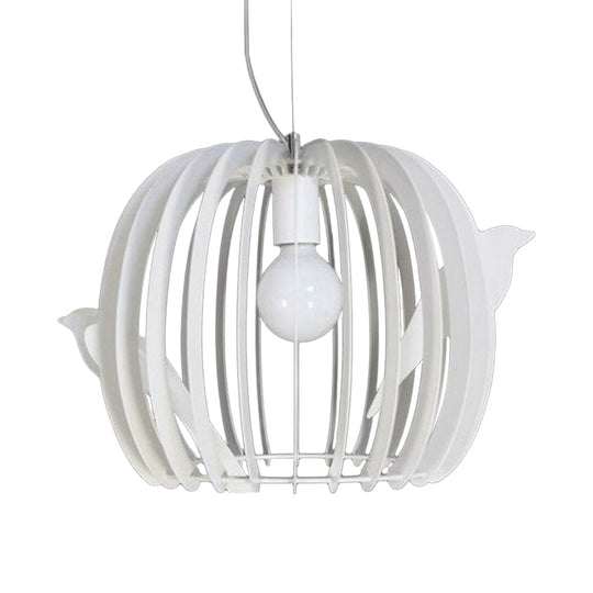 Modern White Drum Birdcage Pendant Lamp With Bird Décor - Iron Construction 1 Bulb Dinette Hanging