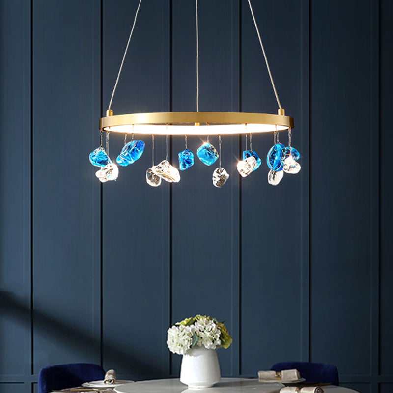Gold Led Chandelier With Colored Gem Droplet - Mid Century Circle Pendant Lighting 16’/19.5’ Wide