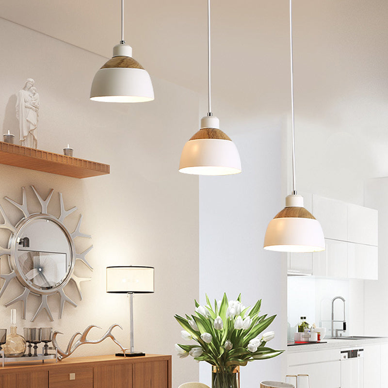 Nordic Iron 3-Head Bowled Splicing Multi-Pendant Suspension Light - White And Wood