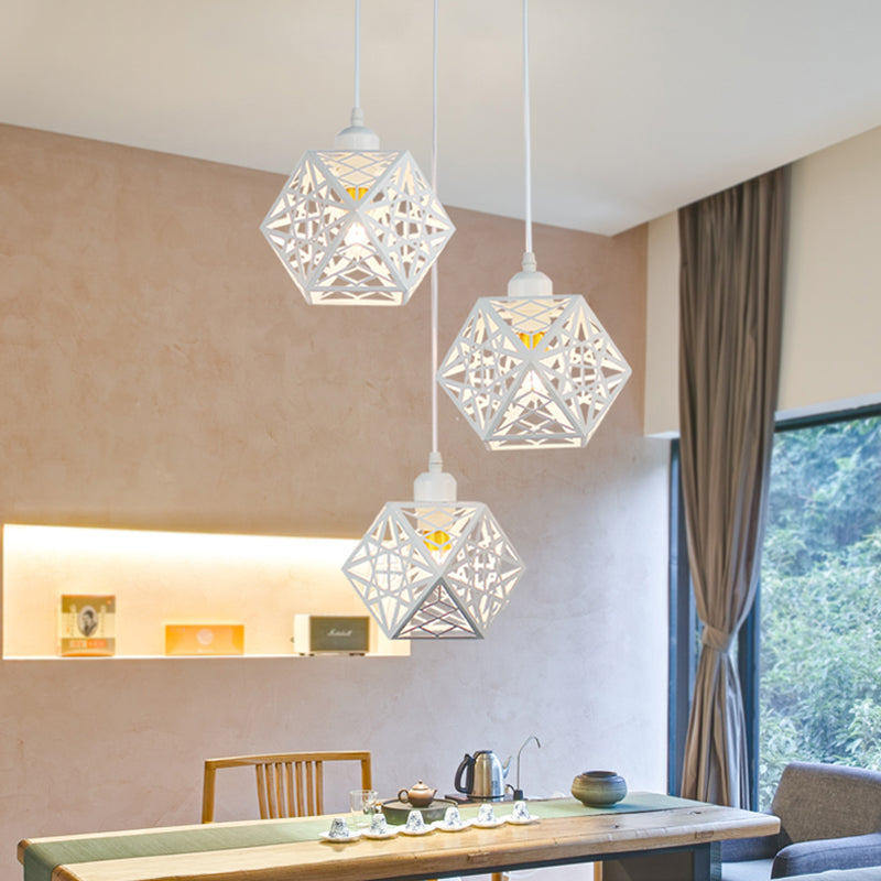 Snowflake Cage Pendant Iron 3-Light Ceiling Light In White/Black - Modern Novelty For Hotels