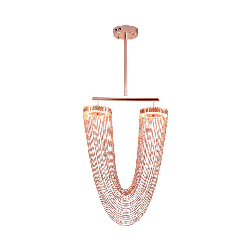 Rose Gold V-Shaped Chain Fringe Pendant Led Ceiling Light For Modern Vogue Loft House