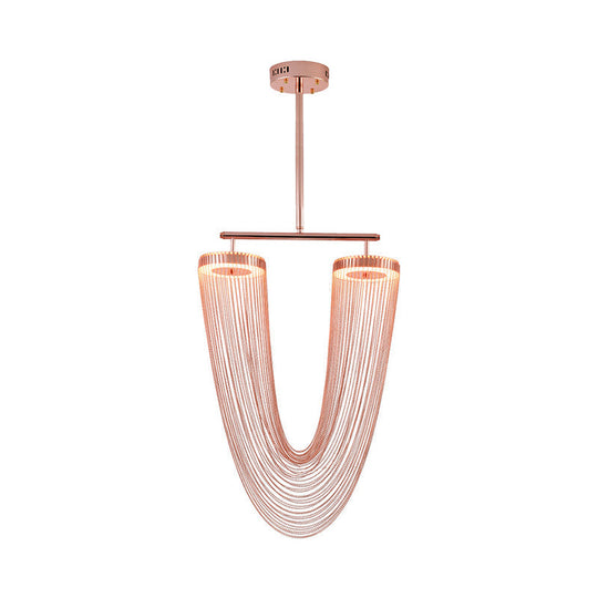Rose Gold V-Shaped Chain Fringe Pendant Led Ceiling Light For Modern Vogue Loft House