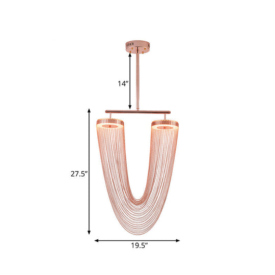 Rose Gold V-Shaped Chain Fringe Pendant Led Ceiling Light For Modern Vogue Loft House