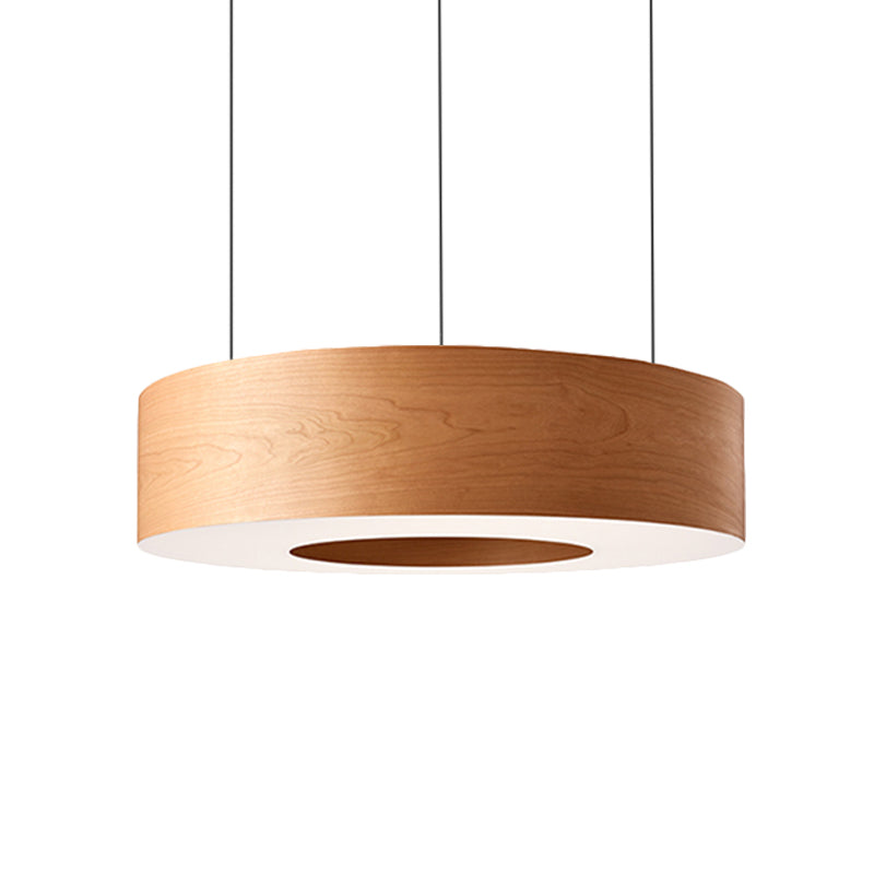 Sleek Brown Round Led Pendant Light Wooden Hanging Ceiling Fixture For Restaurants