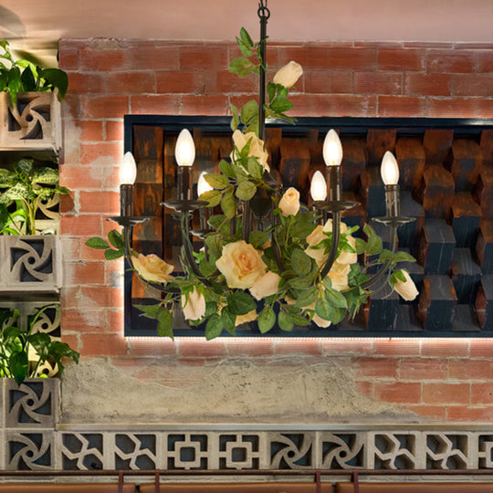 Black Iron Chandelier Lamp With 6 Rose-Decorated Heads