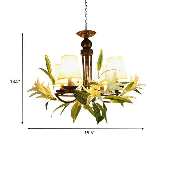 Farmhouse Black Hanging Chandelier With Lily Decoration And 4 Conical Bulbs