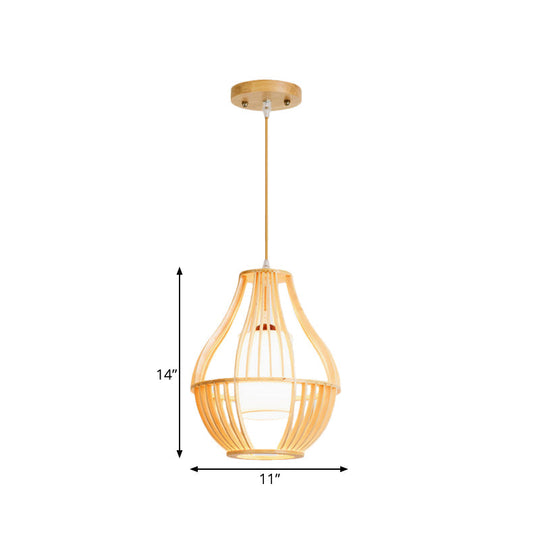 Farmhouse Wood Basket Pendant Light - Beige Ceiling Fixture With Fabric Lamp Shade