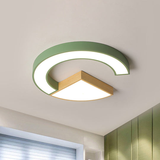 Nordic Green/Grey-Wood Arch And Sector Acrylic Ceiling Light - 16.5/20.5 Wide Led Flush Mount Lamp