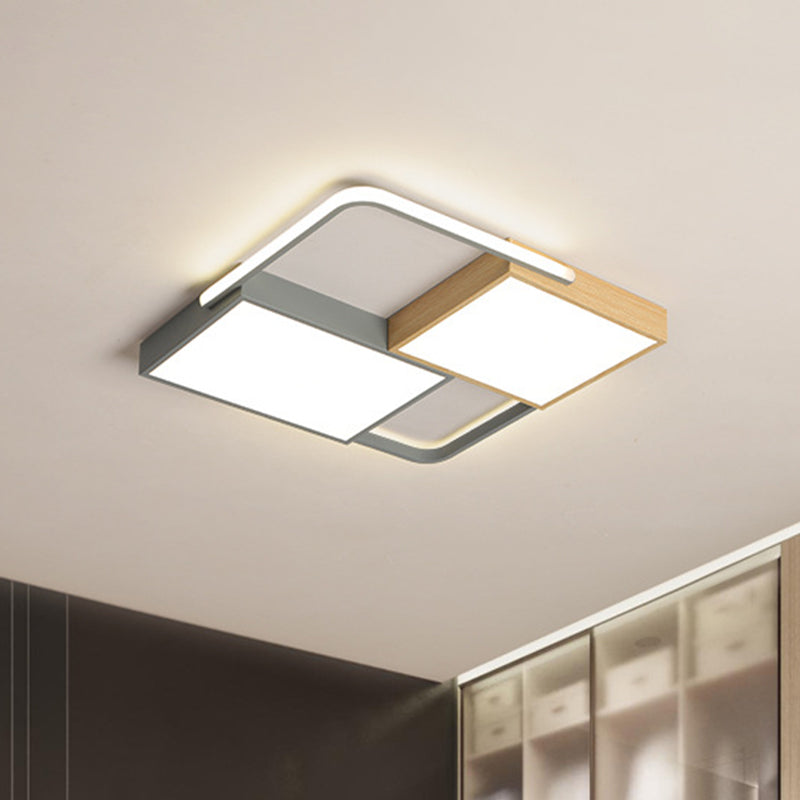 Nordic Led Ceiling Light - 20.5’ X 34’ Acrylic Grey & Wood Flush Mount With Grid Design Warm/White