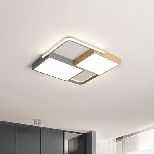 Nordic Led Ceiling Light - 20.5’ X 34’ Acrylic Grey & Wood Flush Mount With Grid Design
