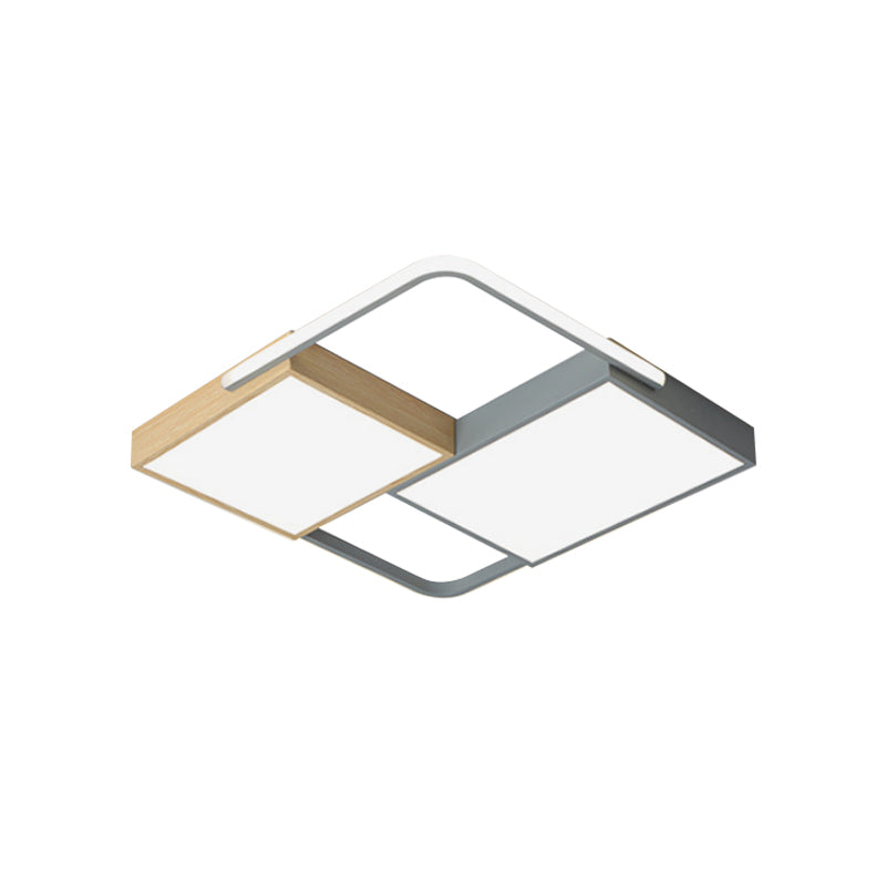 Nordic Led Ceiling Light - 20.5’ X 34’ Acrylic Grey & Wood Flush Mount With Grid Design Warm/White