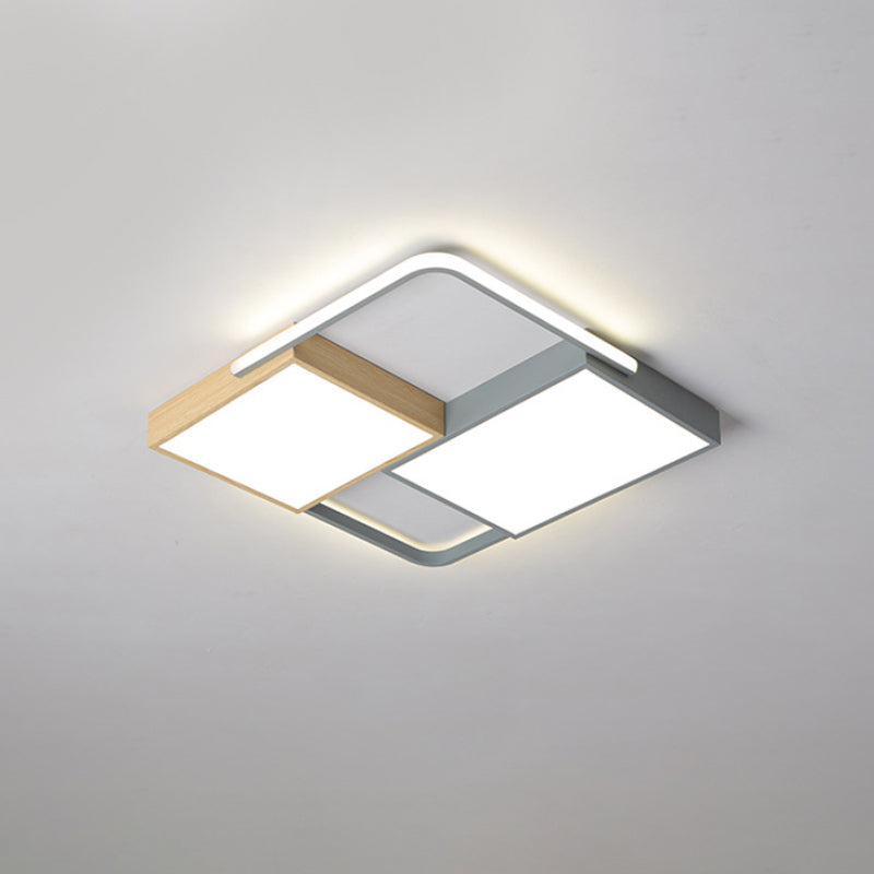 Nordic Led Ceiling Light - 20.5’ X 34’ Acrylic Grey & Wood Flush Mount With Grid Design Warm/White
