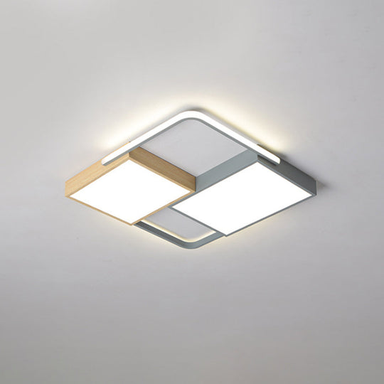 Nordic Led Ceiling Light - 20.5’ X 34’ Acrylic Grey & Wood Flush Mount With Grid Design Warm/White