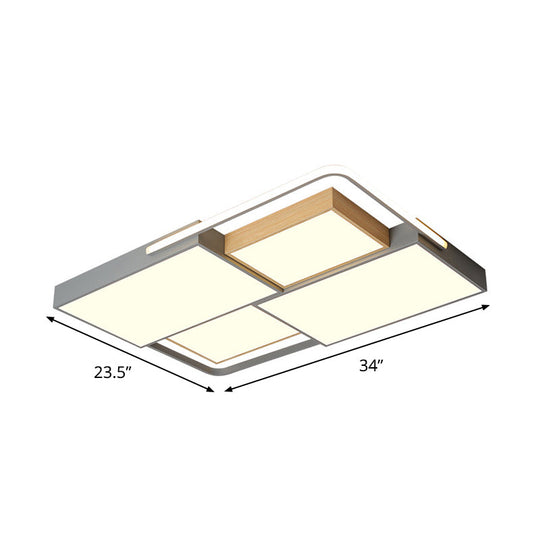 Nordic Led Ceiling Light - 20.5’ X 34’ Acrylic Grey & Wood Flush Mount With Grid Design Warm/White