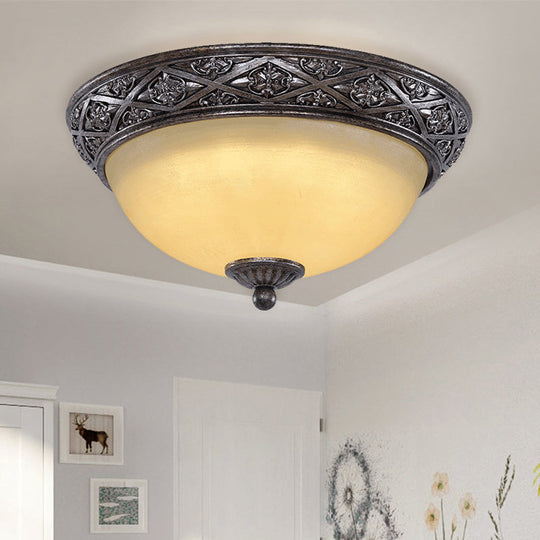 Traditional Floral Close - To - Ceiling Light With Carved Dome And Frosted Glass Bulbs - Black