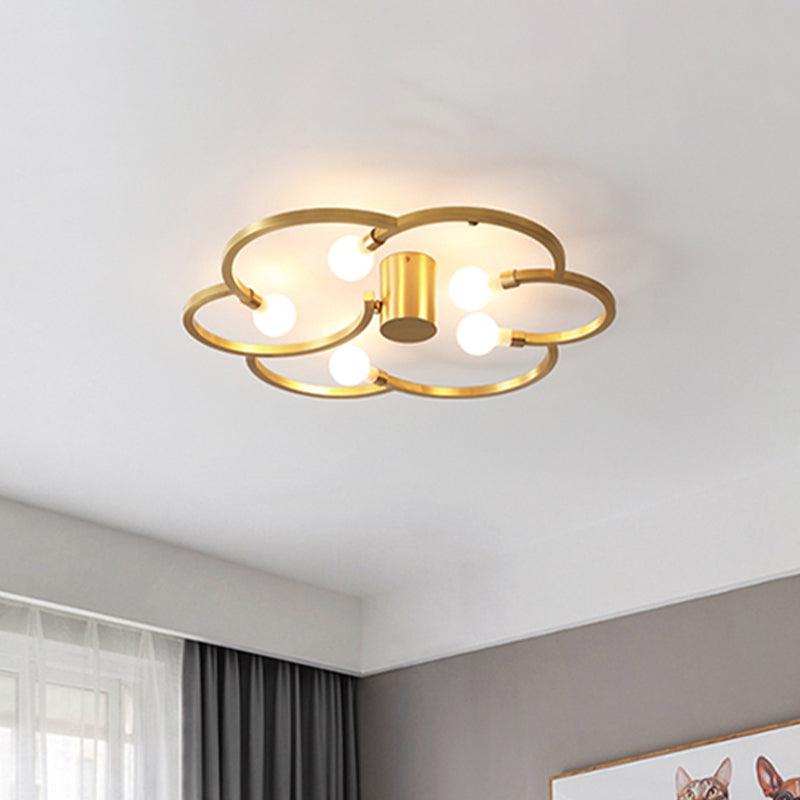 Vintage Flower Cage Iron Semi - Flush Mount Light Fixture For Bedroom - Black/Gold Finish 5 Bulb