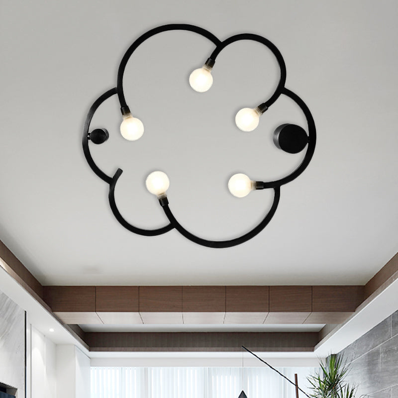 Vintage Flower Cage Iron Semi - Flush Mount Light Fixture For Bedroom - Black/Gold Finish 5 Bulb