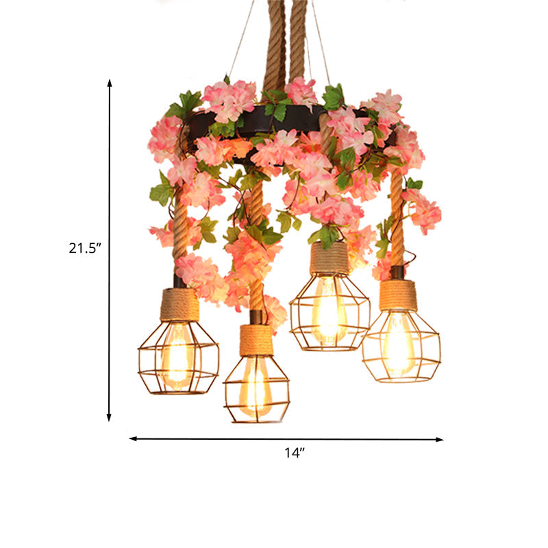 Retro Black Hemp Rope Chandelier With Flower Decoration - 4/8 Lights Orb Cage Pendant Ceiling
