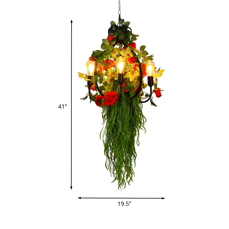 Black Iron Peach Cage Chandelier With 6 Bulbs And Flower Pendant For Farmhouse Ceiling