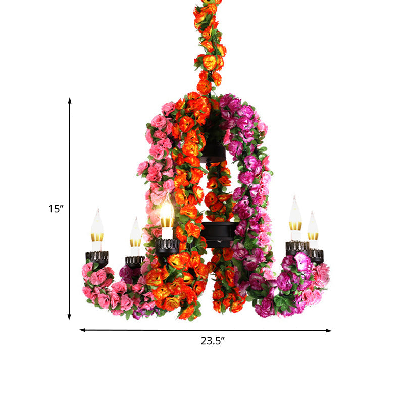 Black Iron 6-Head Candle Chandelier With Floral Decor - Suspended Warehouse Lighting Fixture