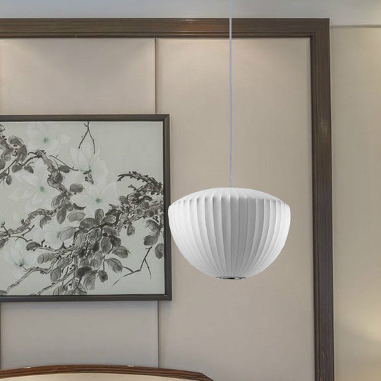 Minimalist Ribbed Rayon Bowl Pendant Light: 1-Light White Ceiling Fixture For Lounge