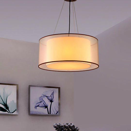 Modern 2-Layer Chandelier: Rectangle/Round Design 3 Bulbs - Flaxen Fabric Dining Room Ceiling Lamp