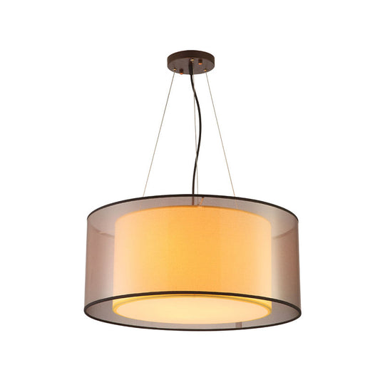 Modern 2-Layer Chandelier: Rectangle/Round Design 3 Bulbs - Flaxen Fabric Dining Room Ceiling Lamp