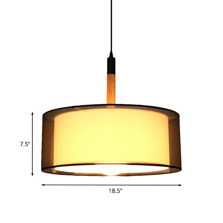 Modern Black Dual Shade Pendant Lamp With Wood Grip - Stylish Fabric Suspension Light