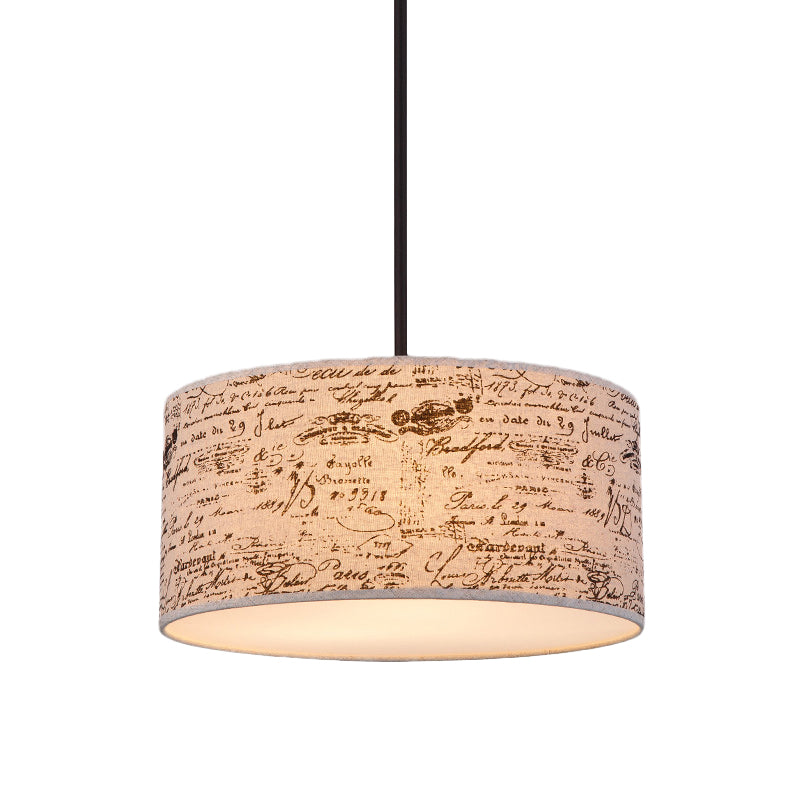 Modern Flaxen Drum Pendant Light With Script Lamp Shade - Available In 12 Or 16 Diameter