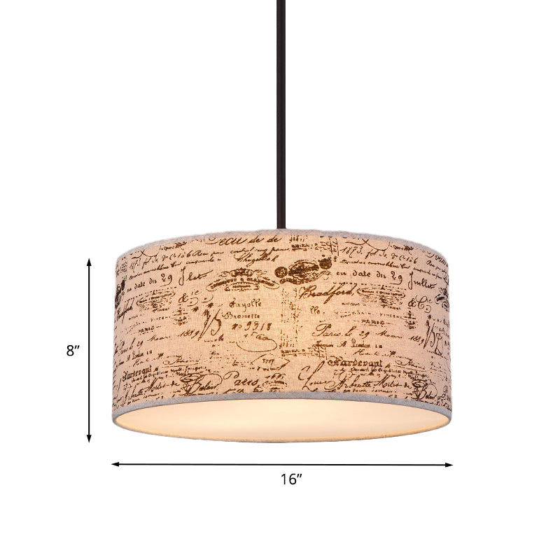 Modern Flaxen Drum Pendant Light With Script Lamp Shade - Available In 12 Or 16 Diameter