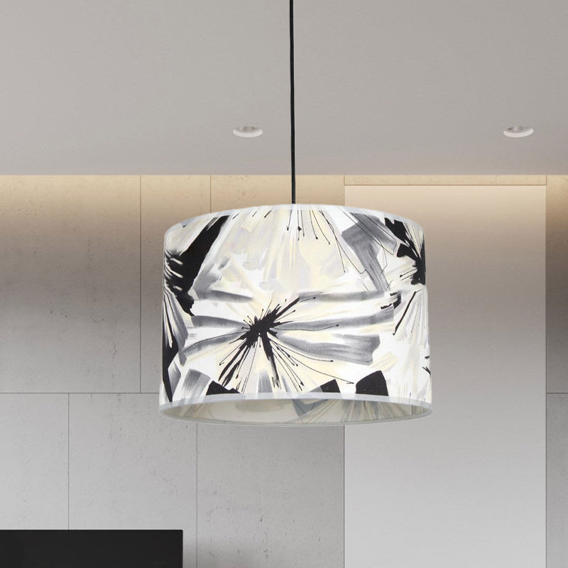 Modern Pendulum Drum Pendant Light With Printed Fabric Shade - Single Bulb Black And White Fixture
