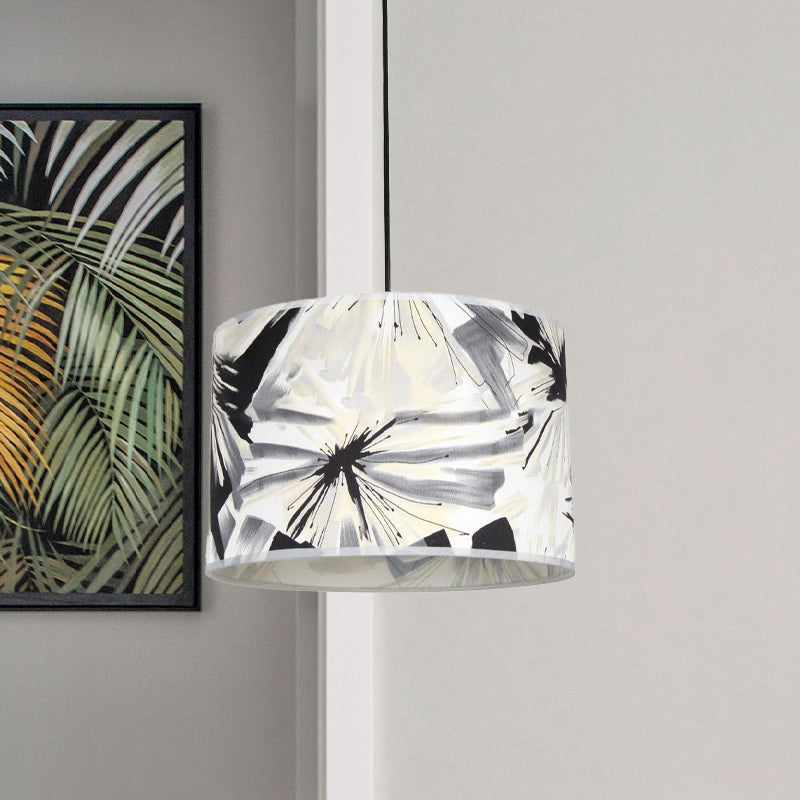 Contemporary Pendulum Light With Printed Fabric Drum Shade - Black And White Pendant Lighting