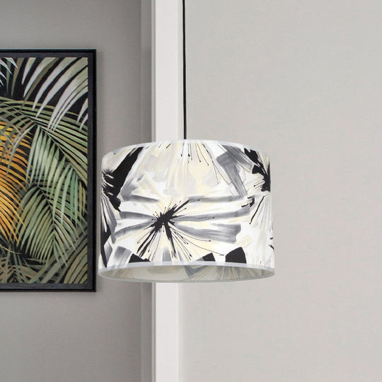 Contemporary Pendulum Light With Printed Fabric Drum Shade - Black And White Pendant Lighting