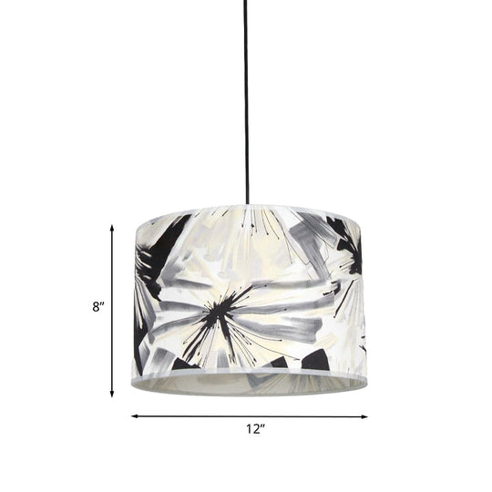 Contemporary Pendulum Light With Printed Fabric Drum Shade - Black And White Pendant Lighting