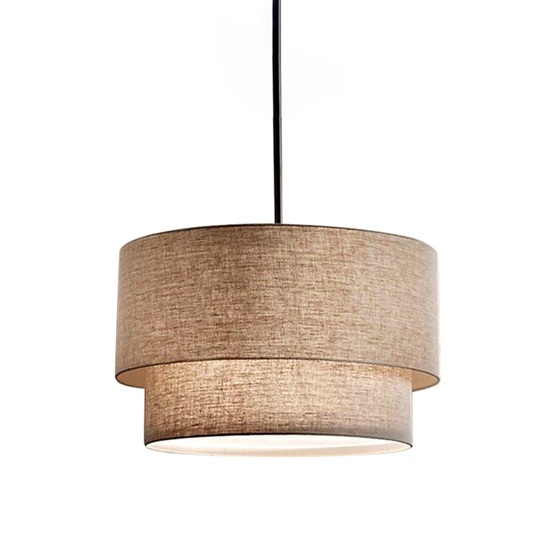 Modern Dual Drum Pendant Ceiling Lamp With Fabric Shade - 1-Head Dinette White/Flaxen/Black Color