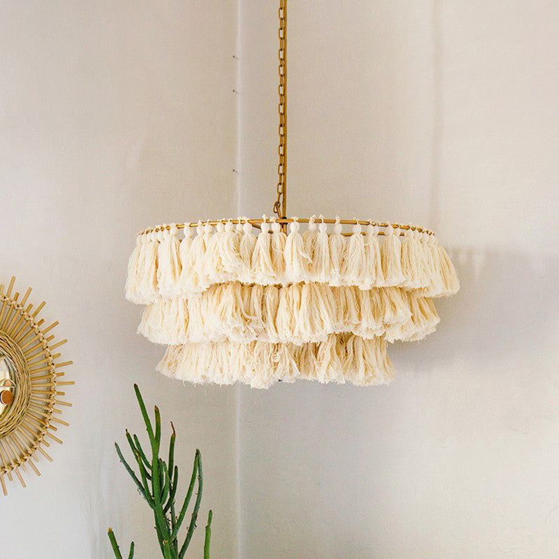 Hand-Weaved 3-Tier Fringe Girl’s Hanging Lamp: Single Beige Pendant Ceiling Light
